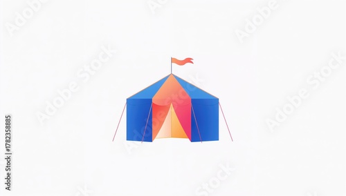 A solitary blue and orange tent contrasts with a white backdrop, ideal for outdoor adventures