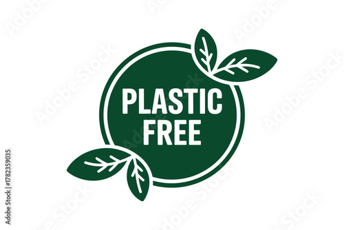 Green plastic free logo with leaves symbolizing eco friendly products and sustainable packaging for environmental awareness