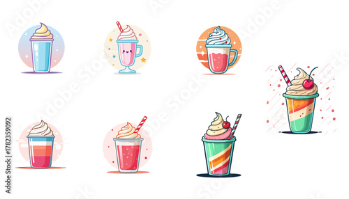 Delightful cartoon images of various cold drinks, with whipped cream, cherries, and straws