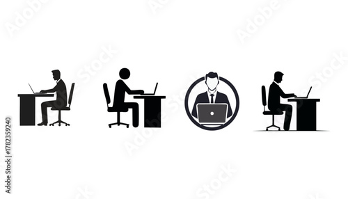 Four black and white office worker silhouettes, using laptops and desks