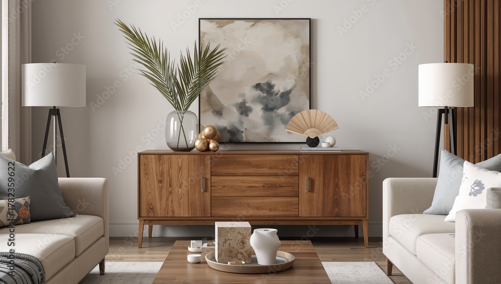 Fototapeta premium Japandi living room interior featuring wooden commode and table lamp, emphasizing harmony and minimalism