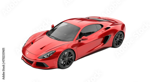 A shiny red sports car with black wheels and tinted windows on a black background in a studio shot