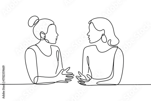 Two women in discussion depicted in a minimalist continuous line drawing style for modern simplicity and elegance