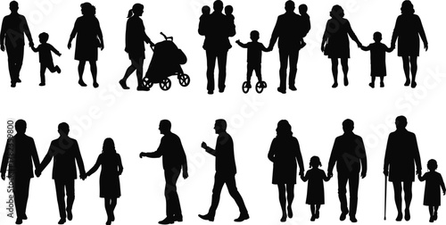 PrintSilhouette of families walking together, parents with children, strollers, and grandparents, family bonding, love, generation connection, lifestyle concept illustration