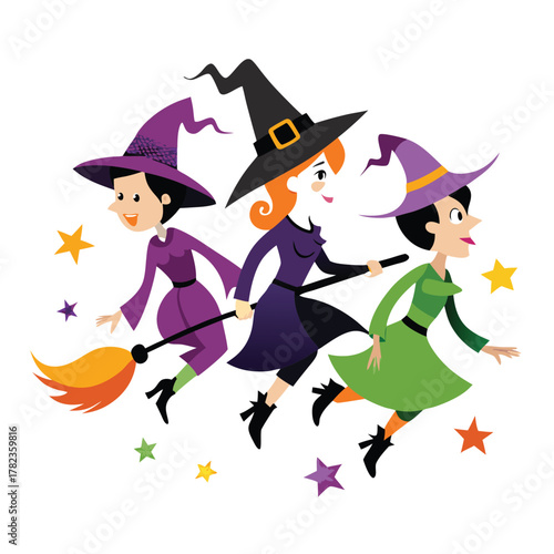 Three cheerful witches flying on broomsticks for Halloween illustration design