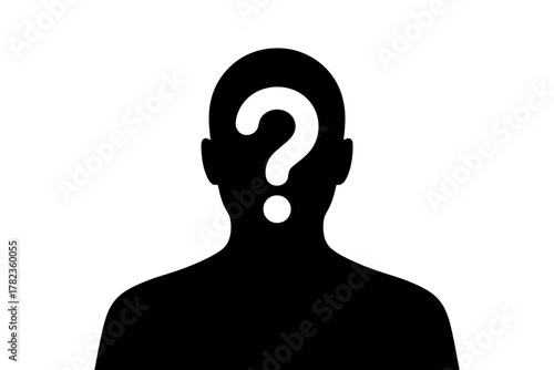 Silhouette of a person with a question mark on their head representing uncertainty and anonymity on white background