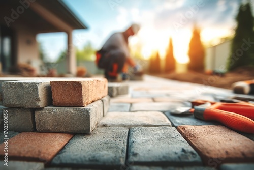 Bricklayer installing brick pavers on a residential patio at sunset, close-up shot of bricks and tools, home improvement project, outdoor renovation