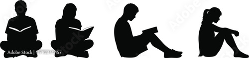PrintSilhouette of people sitting and reading books, studying and relaxing, education and learning concept for students, knowledge, and mindfulness design