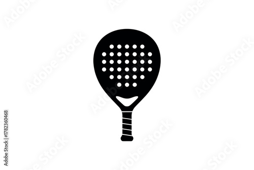 Black and white graphic illustration of a padel racket with holes on a white background for sport enthusiasts