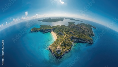 Fototapeta Naklejka Na Ścianę i Meble -  Aerial Fish Eye Perspective of a Tropical Island Paradise
