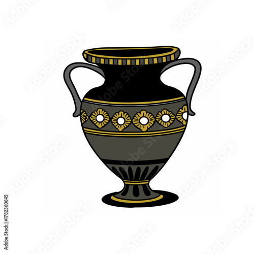 Ancient greek black and gold amphora with floral motif
