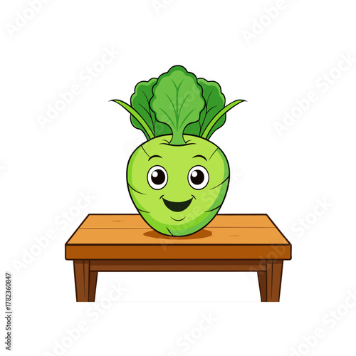 Happy cartoon kohlrabi vegetable on a wooden table