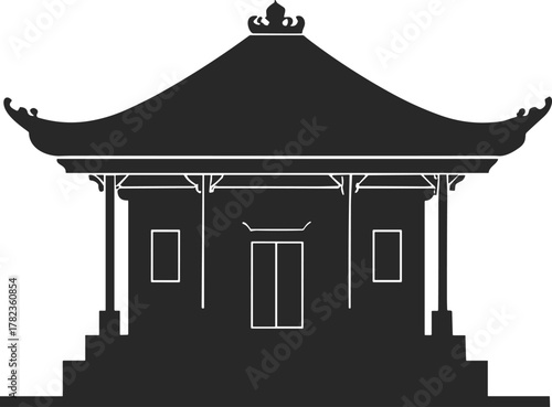 PrintTraditional Asian temple silhouette, pagoda style architecture, cultural heritage building, ancient spiritual structure, religious shrine design, vector art, historic monument illustration