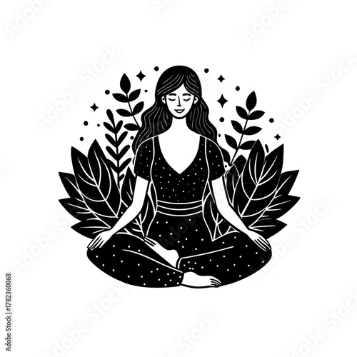 Woman meditating peacefully surrounded by lush foliage and stars