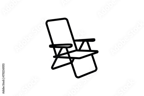 Minimalist line drawing of a folding camping chair on a white background perfect for summer vacation designs