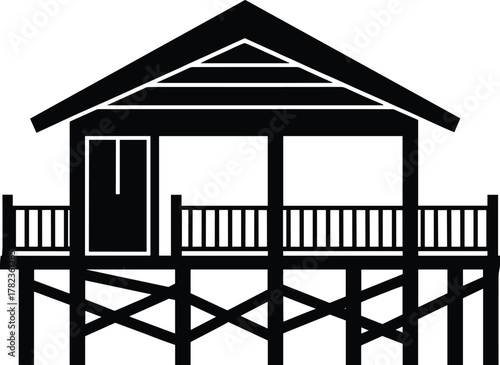 PrintTraditional stilt house silhouette, tropical wooden home, elevated structure design, cultural architecture, Southeast Asian heritage, vector illustration, black and white art, minimal style