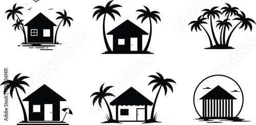 PrintTropical beach house silhouette collection, palm tree island resort vector design, summer vacation bungalow and seaside hut illustration for travel