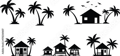 PrintTropical beach hut and palm tree silhouette collection, island resort bungalow vector design, summer vacation house illustration for travel inspiration