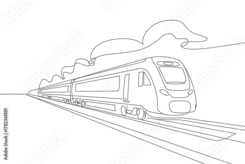 Modern high speed train moving on the railway tracks with smoke in a minimalist one line drawing style