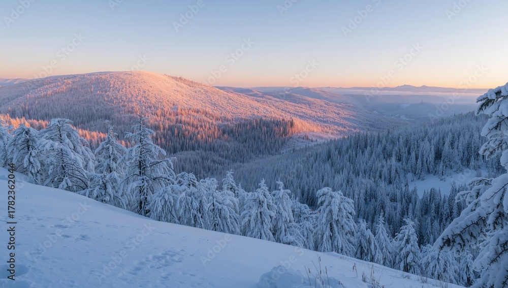 Obraz premium Gorgeous snowy landscape. Hiking through frost-covered woods.