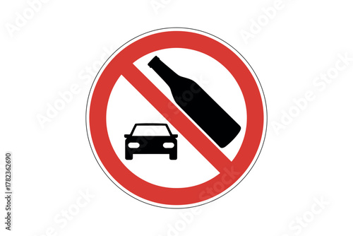 No drinking and driving sign with a car and bottle inside a red circle with a line