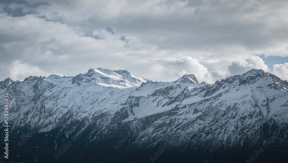 Fototapeta premium Scenic view of snow-covered peaks beneath a misty sky, highlighting seasonal change