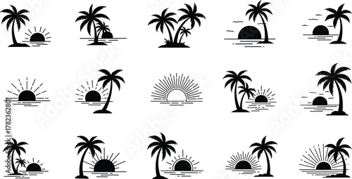 PrintTropical palm tree sunset silhouettes collection, beach sunrise and island paradise vector design, summer vacation nature landscape illustration for travel