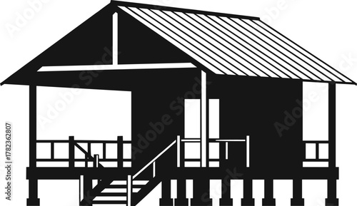 PrintTropical stilt house vector illustration, elevated wooden hut design, beach cabin silhouette, modern vacation home, outdoor architecture, summer resort art