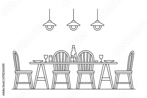 Minimalist dining room illustration with table setting and hanging lights for a modern home interior design look