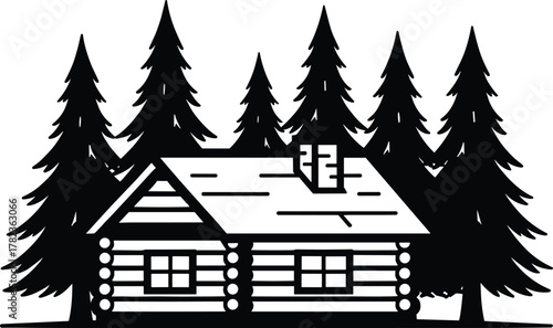 PrintWooden log cabin in pine forest, rustic house illustration, mountain nature lodge vector, outdoor camping design, black isolated graphic art