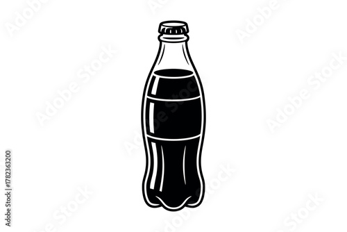 Black and white illustration of a classic soda bottle with a label and cap on a plain white background