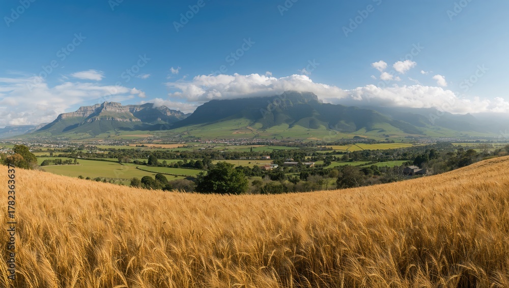 Obraz premium Wide-angle view of undulating hills and ripe wheat stretches with distant mountain range in the background