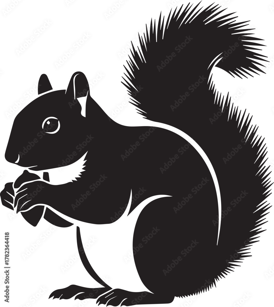 Obraz premium Black silhouette of a squirrel holding a nut facing right Keywords: squirrel, silhouette, animal
