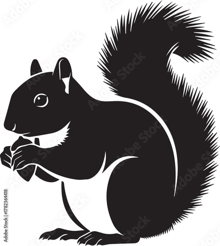 Black silhouette of a squirrel holding a nut facing right Keywords: squirrel, silhouette, animal