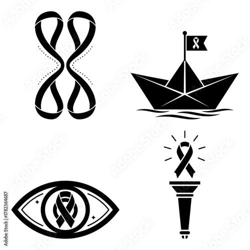 Set of black and white awareness ribbon icons for various causes
