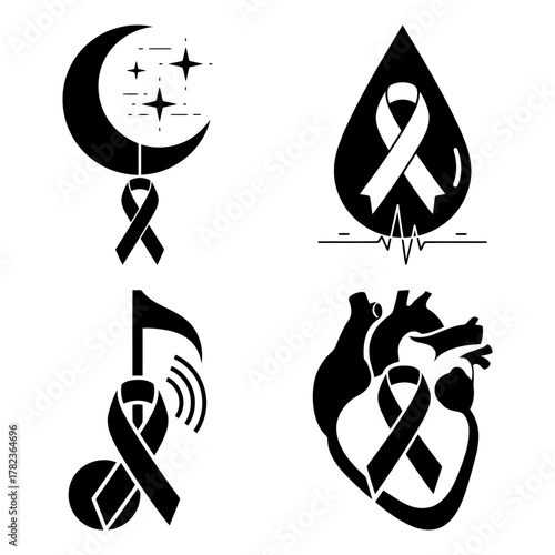 Diverse awareness ribbon icons symbolizing various causes and support