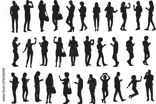 People Using Smartphones Silhouette Set – Black Silhouettes Talking, Texting, and Taking Photos