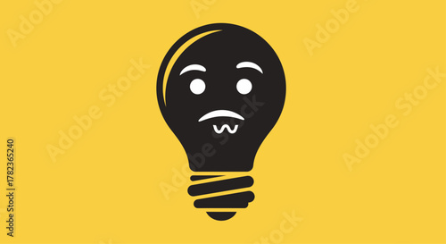 A sad lightbulb with a frown and furrowed brows against a yellow background, conveying a sense of disappointment, frustration, or lack of inspiration in a simple, graphic illustration