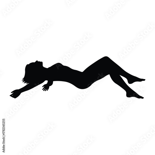 Silhouette of a woman lying down with arms outstretched on white background