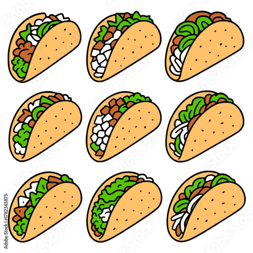 Vector Illustration, Collection of 9 Tacos