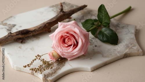 Pink rose on marble with dr...