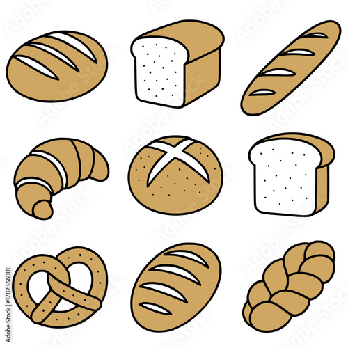 Vector Illustration, Collection of 9 Breads