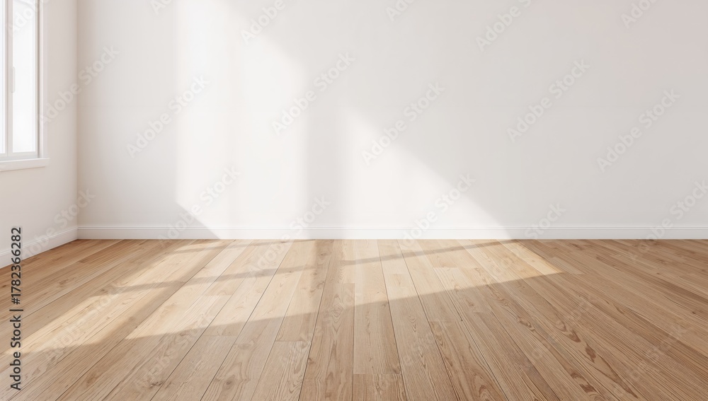 Naklejka premium Empty room with brown wooden flooring and white walls, suitable for editorial header background