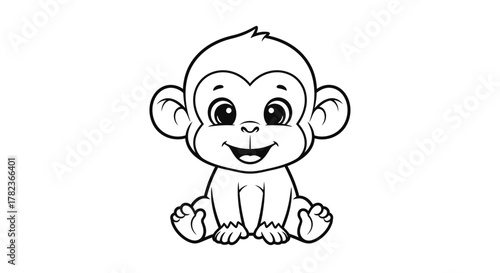 A cute cartoon illustration of a baby monkey sitting with a happy expression, smiling.