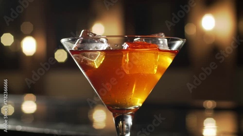 Elegant Martini Glass with Orange Slice and Ice in Warm Bar Lighting.