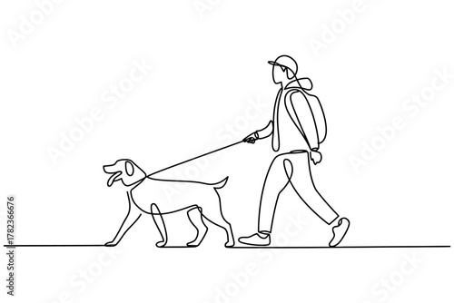 Continuous line drawing of a person walking a dog on a leash showcasing companionship and outdoor activity
