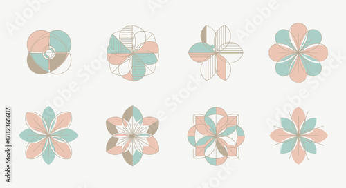 An array of eight stylized floral designs, each with unique petal arrangements and color palettes.