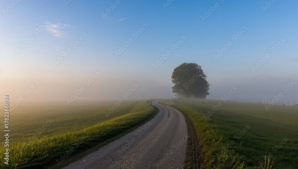 Naklejka premium Foggy Dawn Trail Through the Meadow