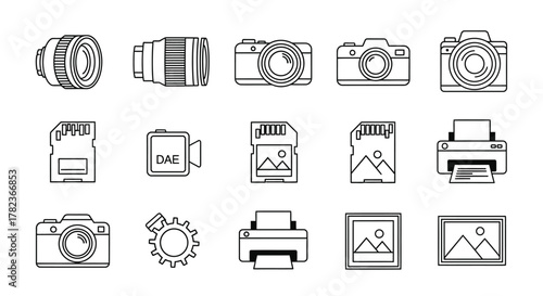 A collection of photography equipment icons in a simple black and white line art style.