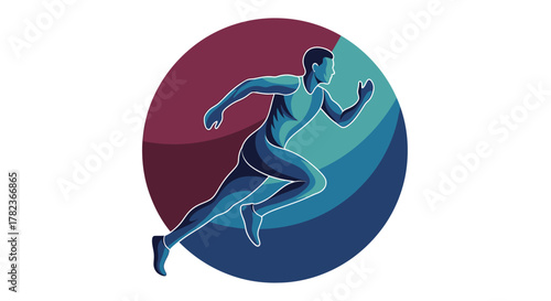 A dynamic illustration of a runner in full stride, depicted in blue tones against a circular, two-toned background, symbolizing speed and athleticism.
